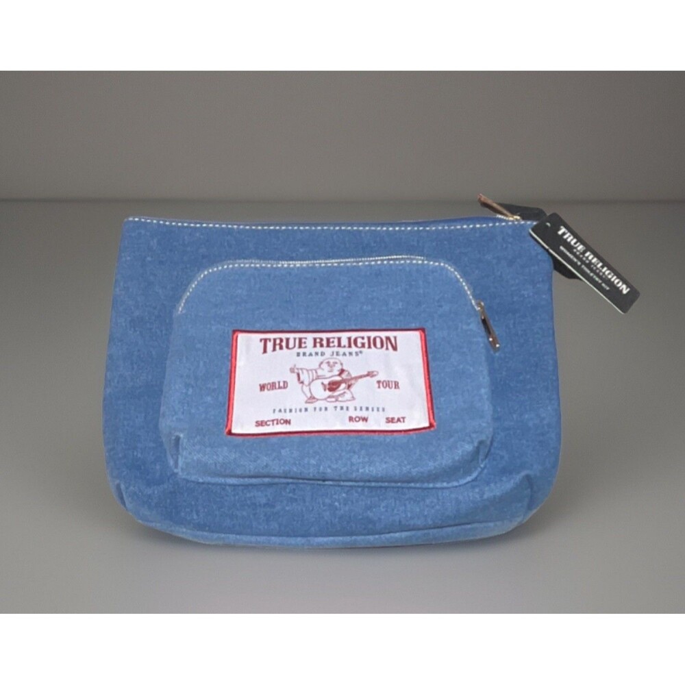 Unique True Religion Denim Makeup Bag Blue Zipper Women's Toiletry Kit Organizer